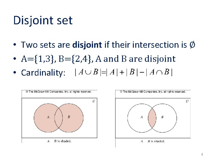 Disjoint set • Two sets are disjoint if their intersection is ∅ • A={1,