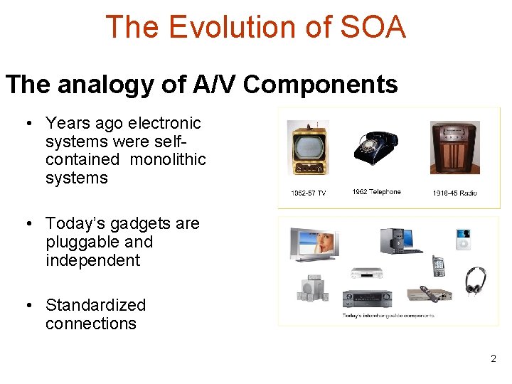 The Evolution of SOA The analogy of A/V Components • Years ago electronic systems