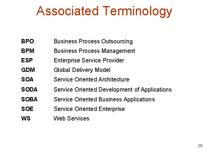 Associated Terminology BPO Business Process Outsourcing BPM Business Process Management ESP Enterprise Service Provider
