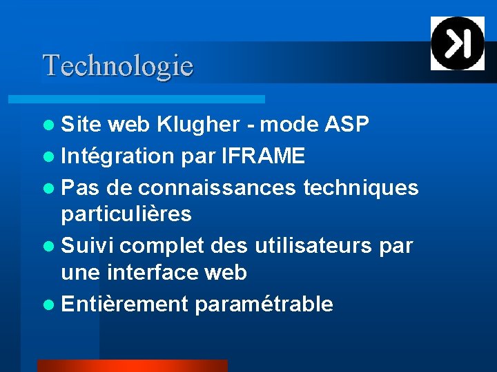 Technologie l Site web Klugher - mode ASP l Intégration par IFRAME l Pas
