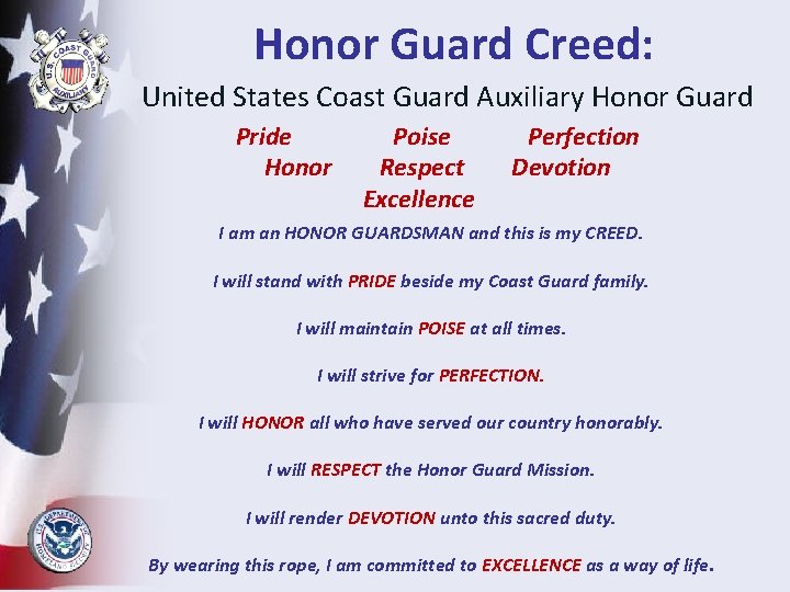 Honor Guard Creed: United States Coast Guard Auxiliary Honor Guard Pride Honor Poise Respect