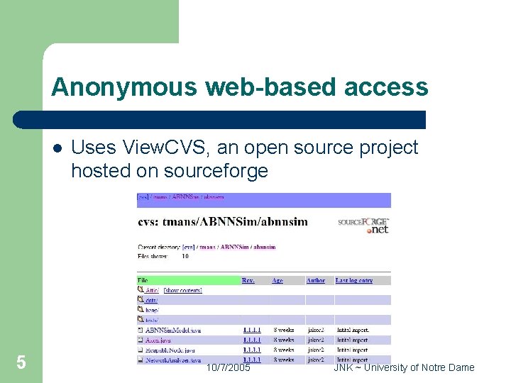 Anonymous web-based access l 5 Uses View. CVS, an open source project hosted on