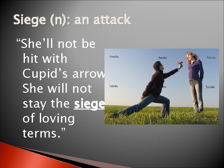 Siege (n): an attack “She’ll not be hit with Cupid’s arrow. She will not