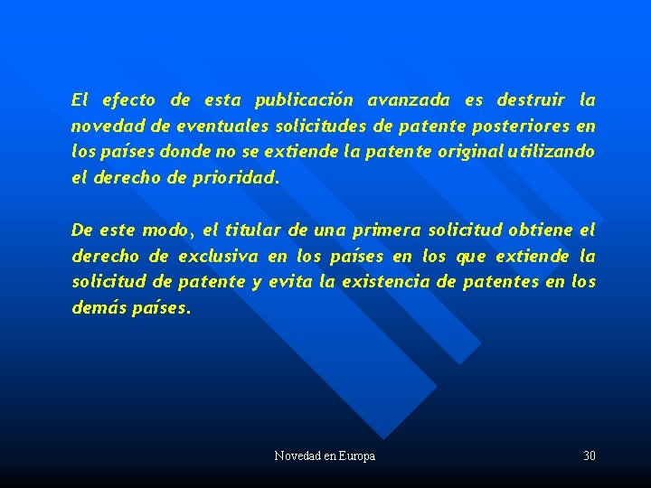 El efecto de esta publicación avanzada es destruir la novedad de eventuales solicitudes de