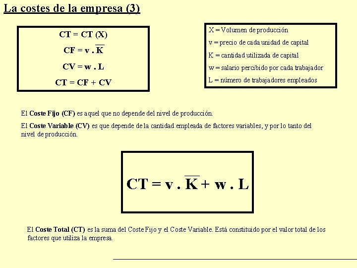 La costes de la empresa (3) CT = CT (X) CF = v. K