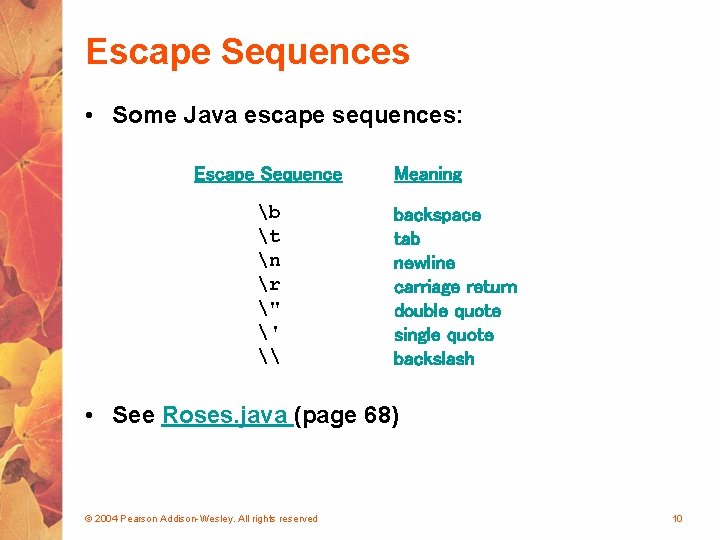 Escape Sequences • Some Java escape sequences: Escape Sequence b t n r "