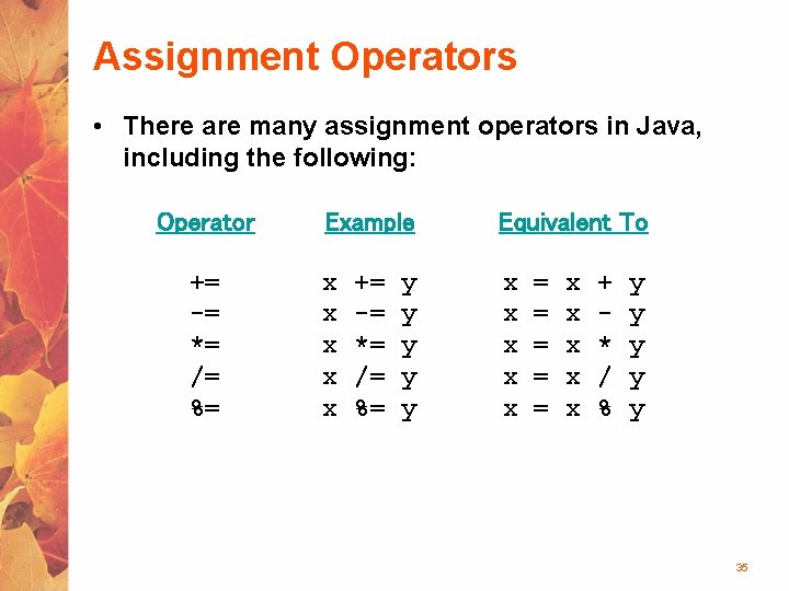 Assignment Operators • There are many assignment operators in Java, including the following: Operator