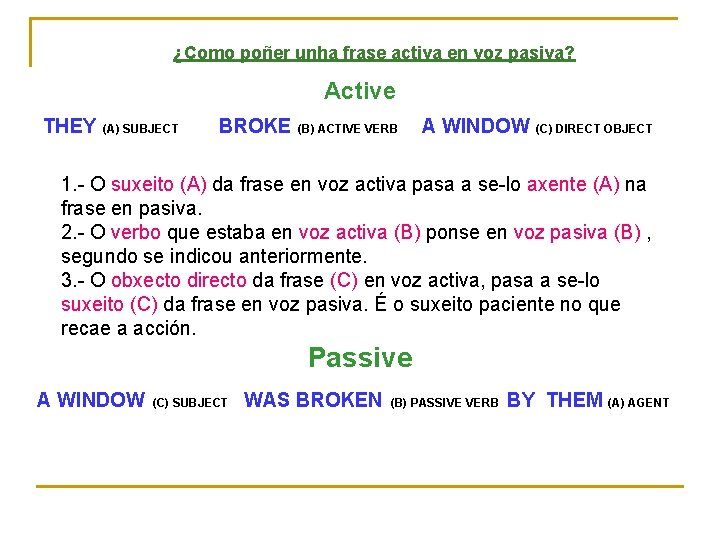 ¿Como poñer unha frase activa en voz pasiva? Active THEY (A) SUBJECT BROKE (B)