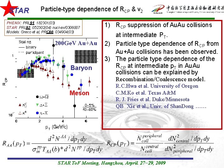 STAR Particle-type dependence of RCP & v 2 PHENIX: PRL 91, 182301(03) STAR: PRL