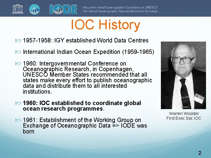 IOC History 1957 -1958: IGY established World Data Centres International Indian Ocean Expedition (1959