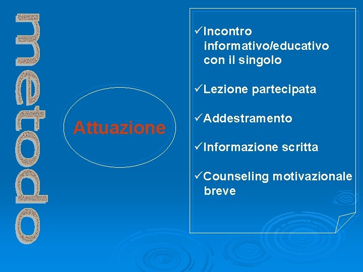 üIncontro informativo/educativo con il singolo üLezione partecipata Attuazione üAddestramento üInformazione scritta üCounseling motivazionale breve üIncontro informativo/educativo con il singolo üLezione partecipata Attuazione üAddestramento üInformazione scritta üCounseling motivazionale breve