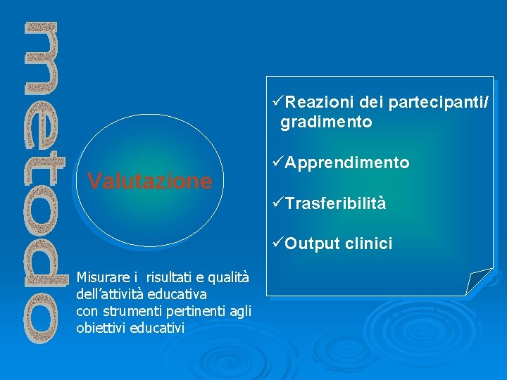 üReazioni dei partecipanti/ gradimento Valutazione üApprendimento üTrasferibilità üOutput clinici Misurare i risultati e qualità üReazioni dei partecipanti/ gradimento Valutazione üApprendimento üTrasferibilità üOutput clinici Misurare i risultati e qualità
