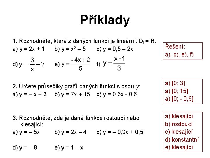 Příklady 1. Rozhodněte, která z daných funkcí je lineární. Df = R. a) y Příklady 1. Rozhodněte, která z daných funkcí je lineární. Df = R. a) y