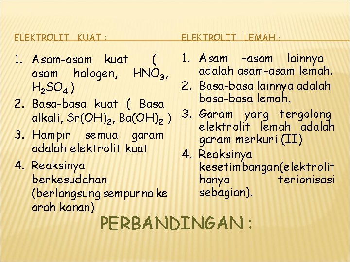 ELEKTROLIT KUAT : ELEKTROLIT LEMAH : 1. Asam-asam kuat ( asam halogen, HNO 3,