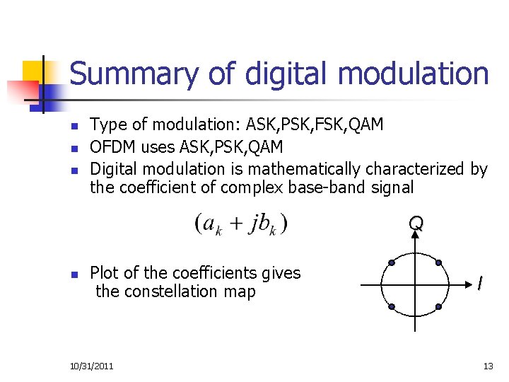 Summary of digital modulation n Type of modulation: ASK, PSK, FSK, QAM OFDM uses