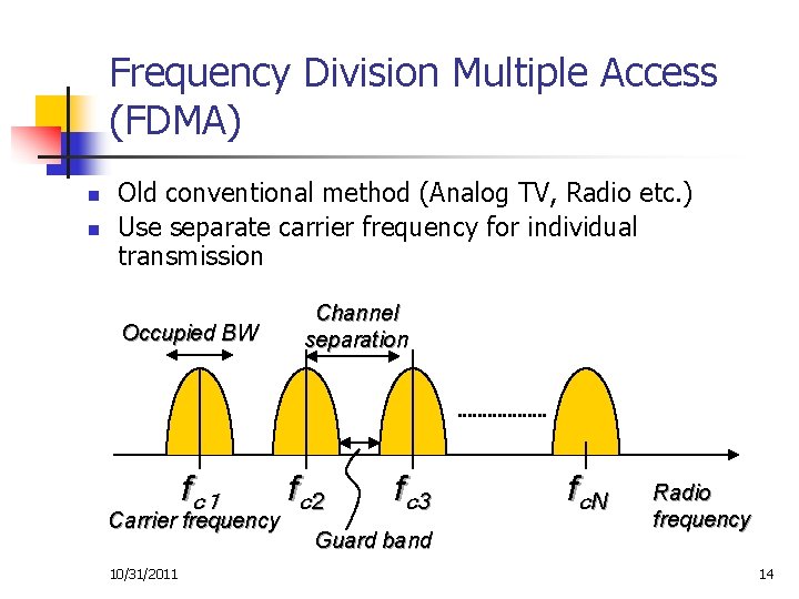 Frequency Division Multiple Access (FDMA) n n Old conventional method (Analog TV, Radio etc.