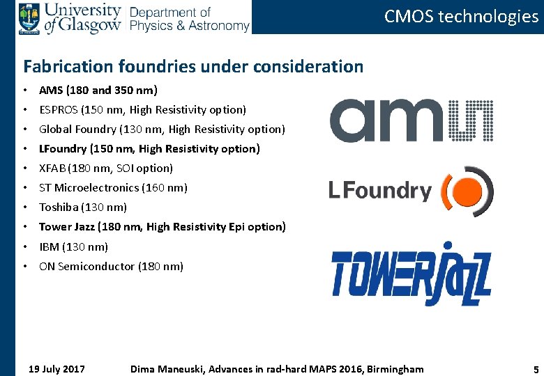 CMOS technologies Fabrication foundries under consideration • AMS (180 and 350 nm) • ESPROS