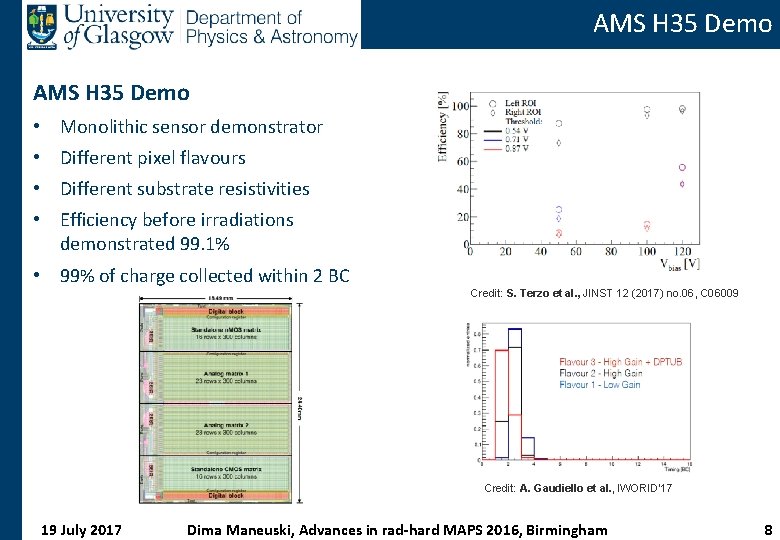 AMS H 35 Demo • Monolithic sensor demonstrator • Different pixel flavours • Different