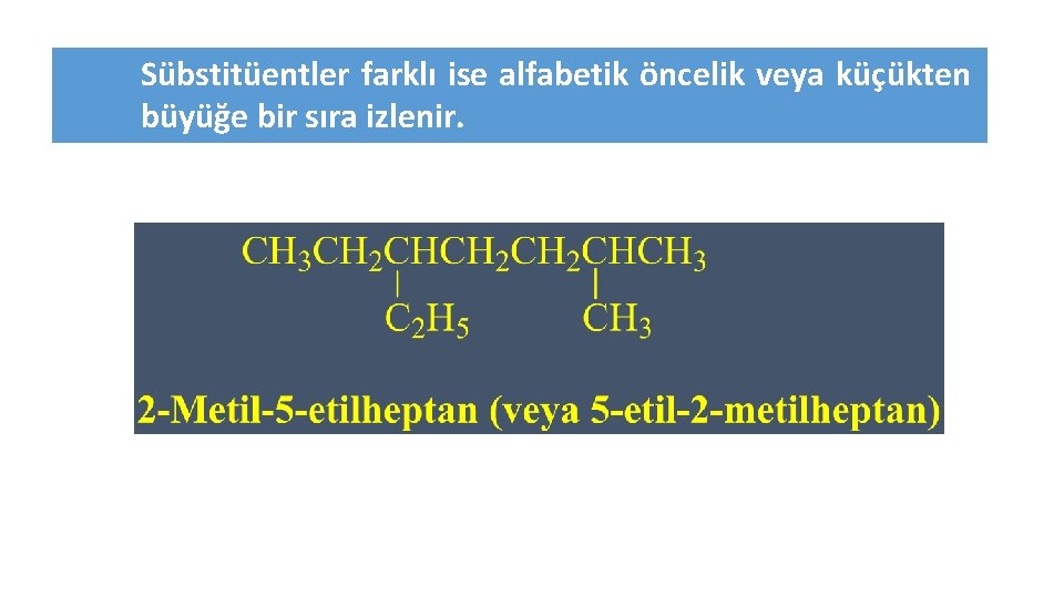 Sübstitüentler farklı ise alfabetik öncelik veya küçükten büyüğe bir sıra izlenir. 
