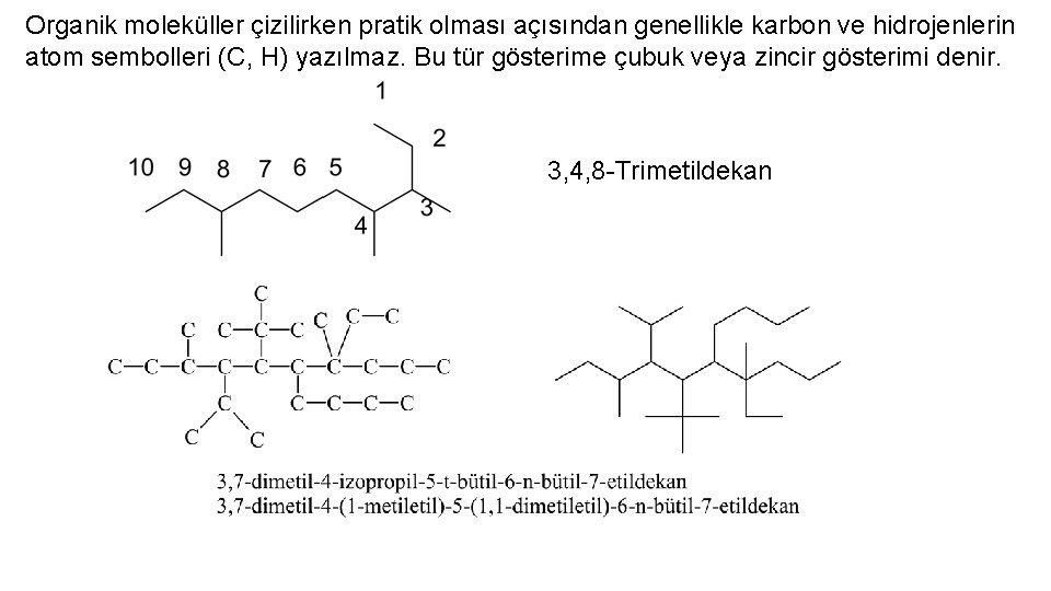 Organik moleküller çizilirken pratik olması açısından genellikle karbon ve hidrojenlerin atom sembolleri (C, H)