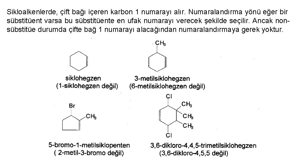 Sikloalkenlerde, çift bağı içeren karbon 1 numarayı alır. Numaralandırma yönü eğer bir sübstitüent varsa