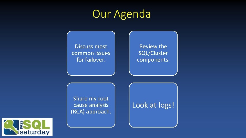 Our Agenda Discuss most common issues for failover. Review the SQL/Cluster components. Share my Our Agenda Discuss most common issues for failover. Review the SQL/Cluster components. Share my