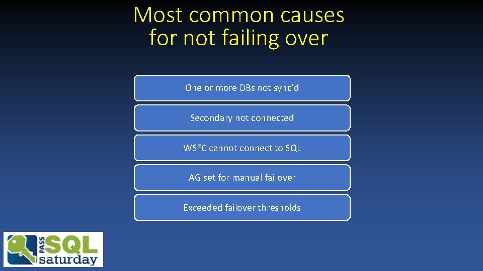 Most common causes for not failing over One or more DBs not sync’d Secondary Most common causes for not failing over One or more DBs not sync’d Secondary