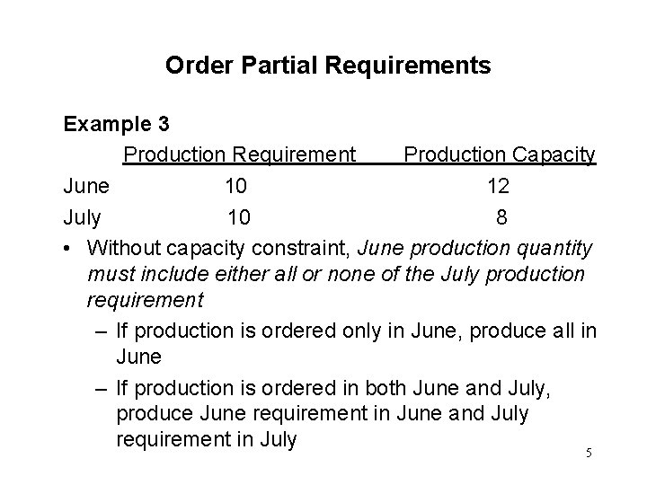 Order Partial Requirements Example 3 Production Requirement Production Capacity June 10 12 July 10