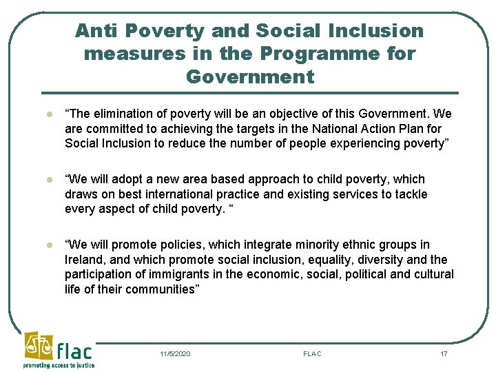 Anti Poverty and Social Inclusion measures in the Programme for Government l “The elimination