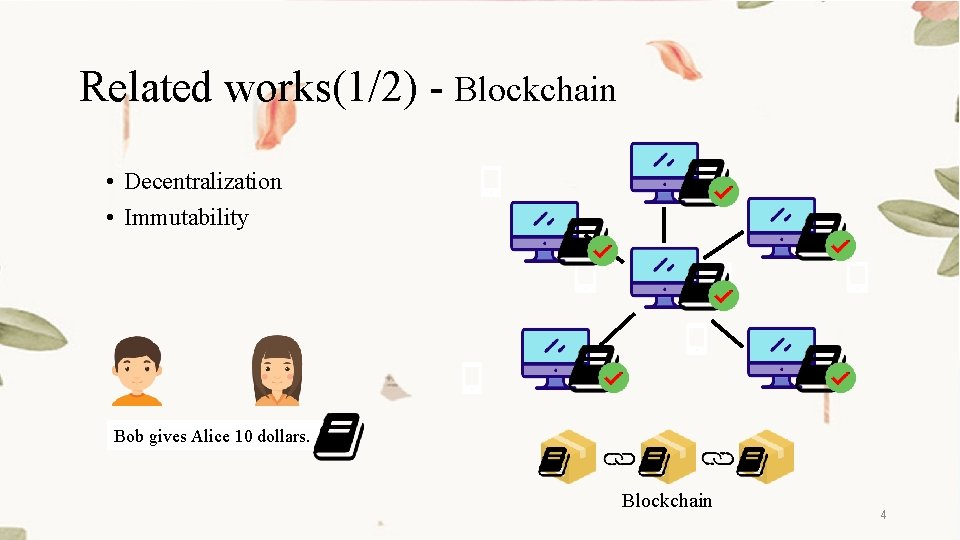 Related works(1/2) - Blockchain • Decentralization • Immutability Bob gives Alice 10 dollars. Blockchain