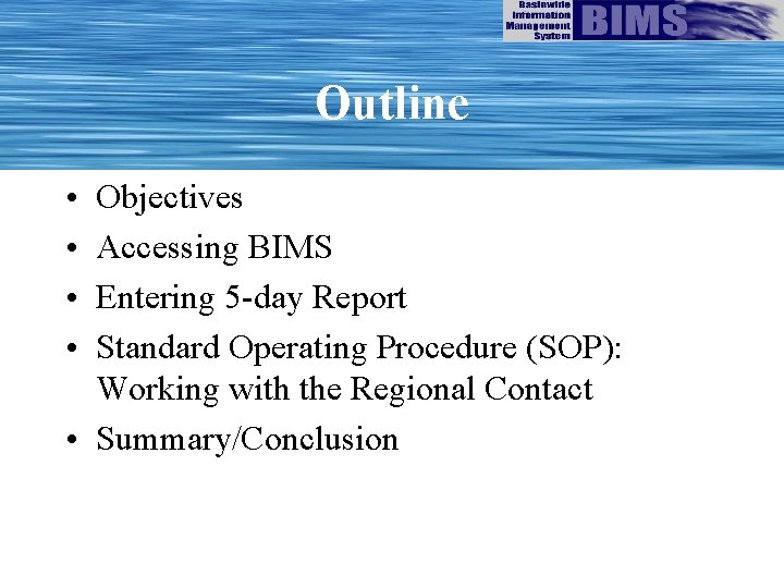 Outline • • Objectives Accessing BIMS Entering 5 -day Report Standard Operating Procedure (SOP):