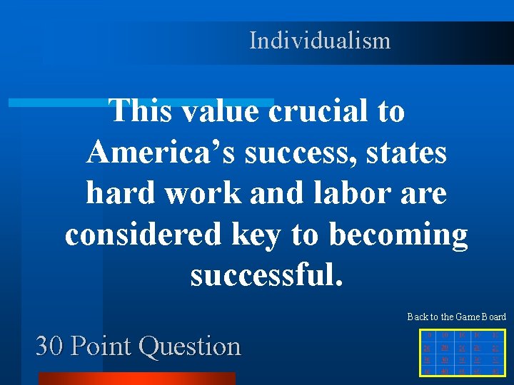 Individualism This value crucial to America’s success, states hard work and labor are considered