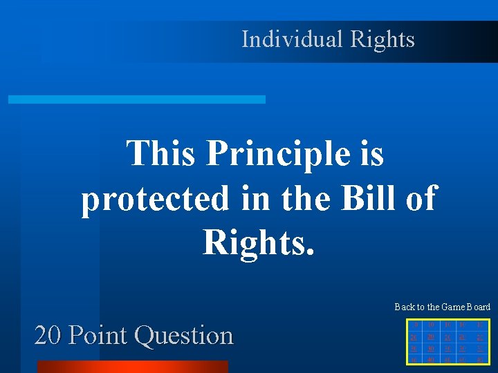 Individual Rights This Principle is protected in the Bill of Rights. Back to the