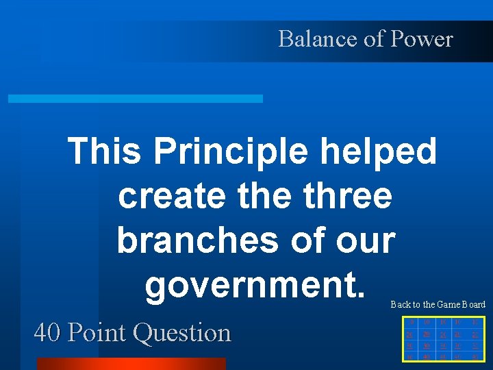 Balance of Power This Principle helped create three branches of our government. Back to
