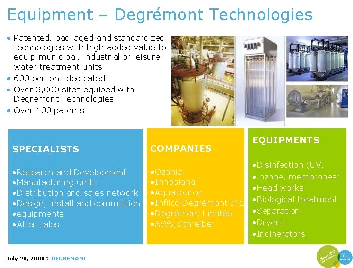 Equipment – Degrémont Technologies • Patented, packaged and standardized technologies with high added value