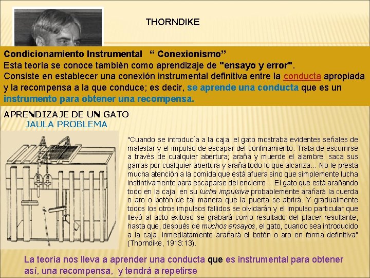 THORNDIKE Condicionamiento Instrumental “ Conexionismo” Esta teoría se conoce también como aprendizaje de "ensayo