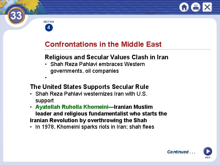 SECTION 4 Confrontations in the Middle East Religious and Secular Values Clash in Iran