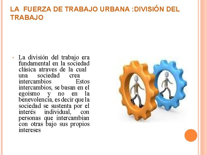LA FUERZA DE TRABAJO URBANA : DIVISIÓN DEL TRABAJO • La división del trabajo