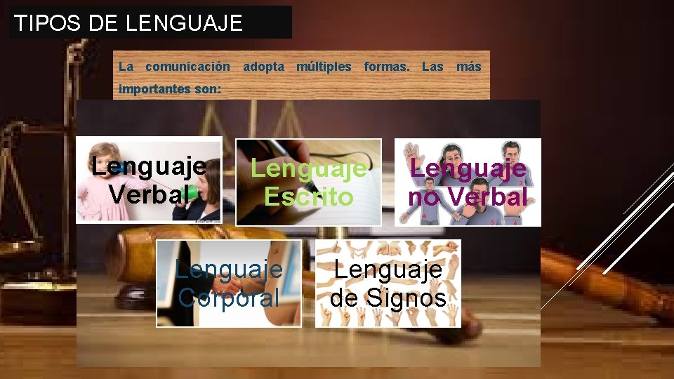 TIPOS DE LENGUAJE La comunicación adopta múltiples formas. Las más importantes son: Lenguaje Verbal