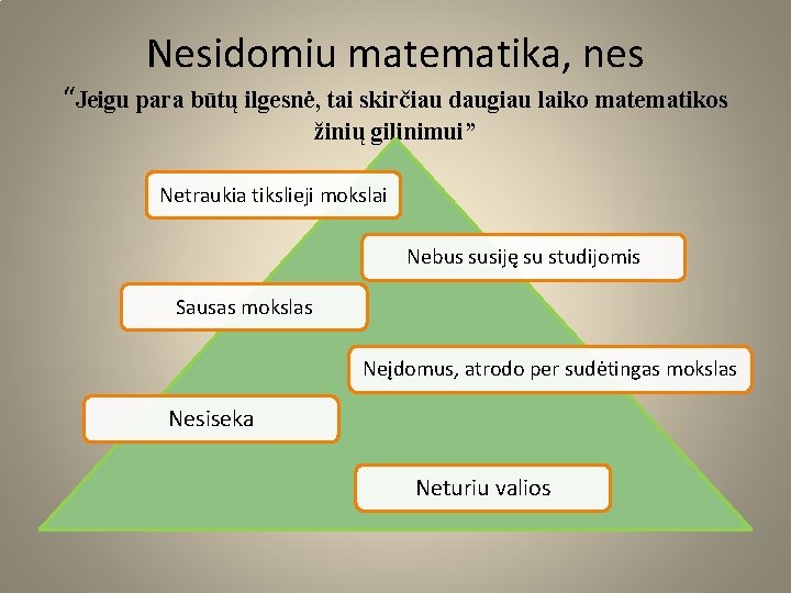 Nesidomiu matematika, nes “Jeigu para būtų ilgesnė, tai skirčiau daugiau laiko matematikos žinių gilinimui”