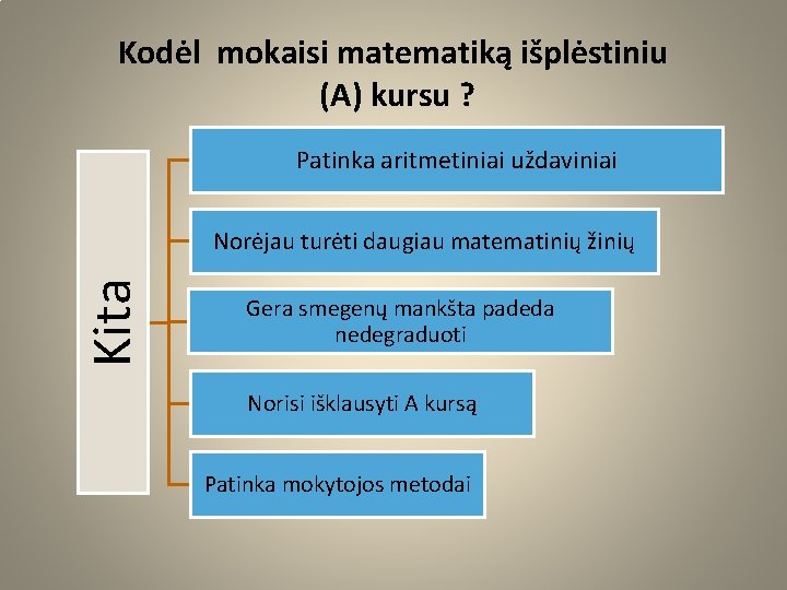 Kodėl mokaisi matematiką išplėstiniu (A) kursu ? Patinka aritmetiniai uždaviniai Kita Norėjau turėti daugiau