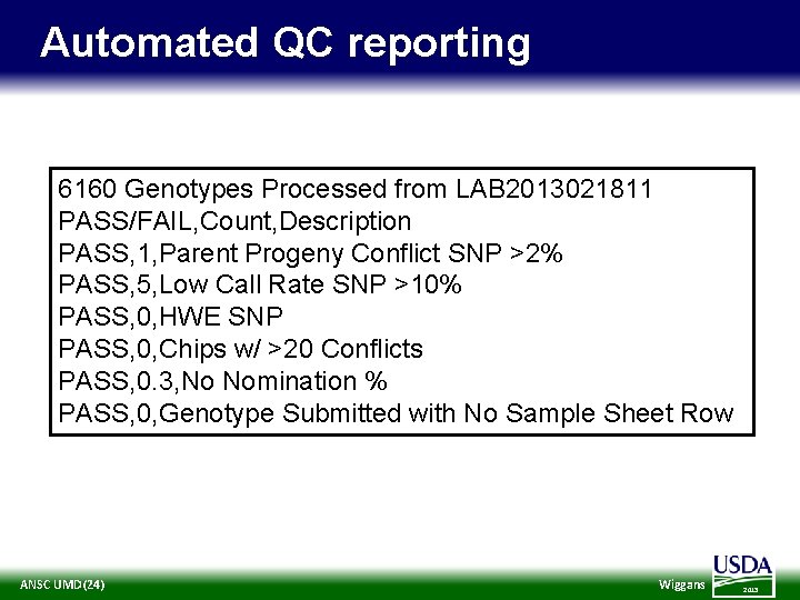 Automated QC reporting 6160 Genotypes Processed from LAB 2013021811 PASS/FAIL, Count, Description PASS, 1,