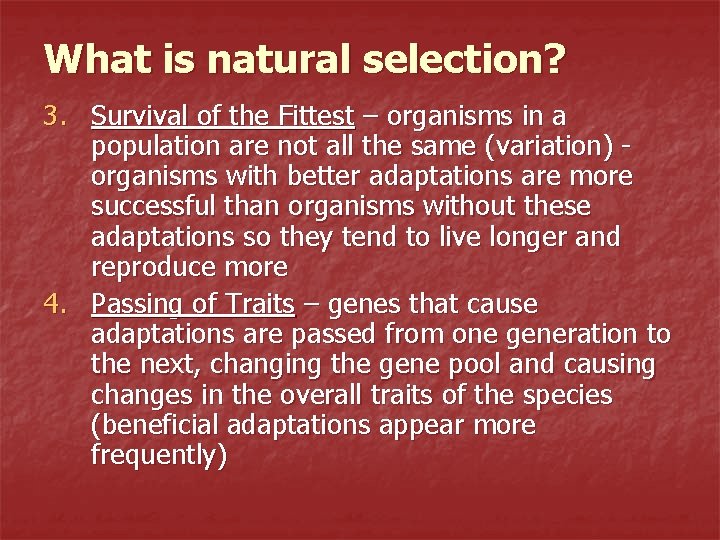 What is natural selection? 3. Survival of the Fittest – organisms in a population
