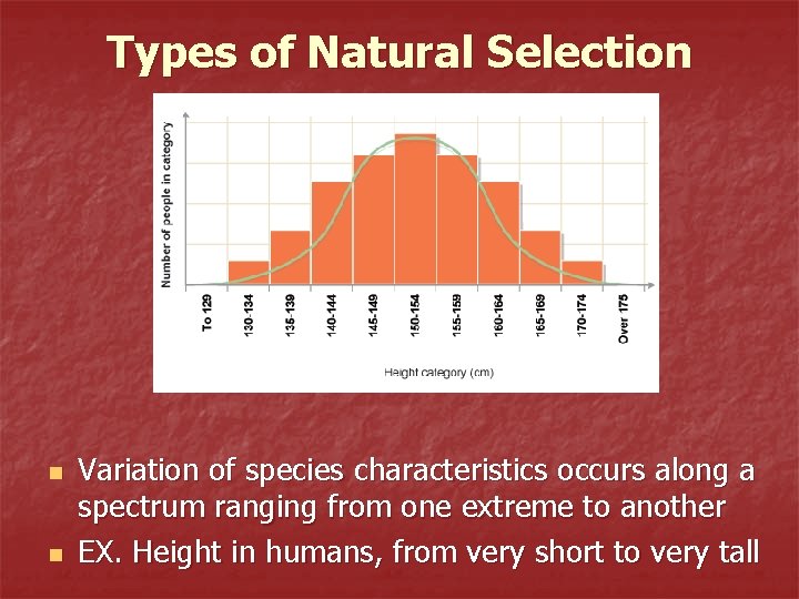 Types of Natural Selection n n Variation of species characteristics occurs along a spectrum