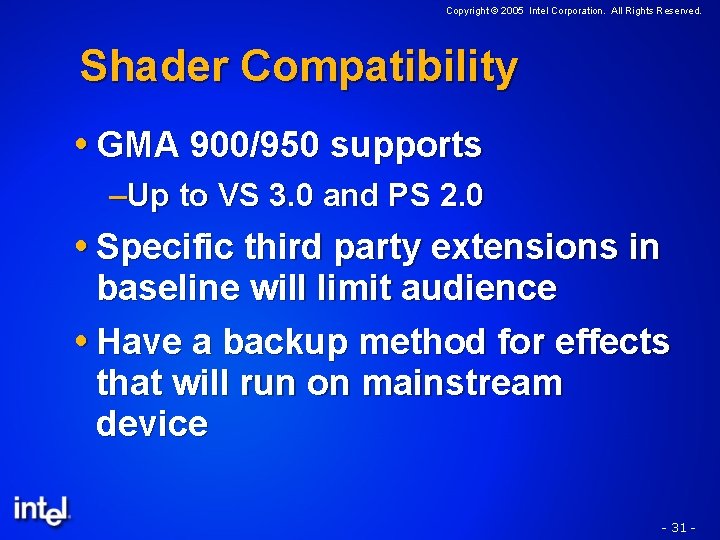 Copyright © 2005 Intel Corporation. All Rights Reserved. Shader Compatibility GMA 900/950 supports –Up