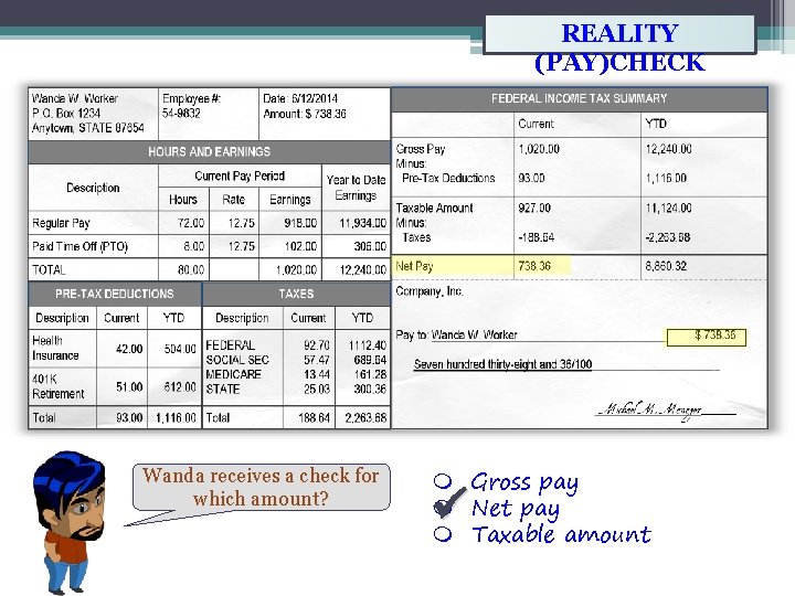 REALITY (PAY)CHECK Wanda receives a check for which amount? Gross pay Net pay Taxable