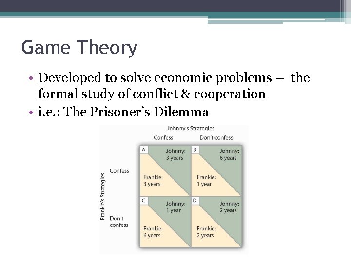 Game Theory • Developed to solve economic problems – the formal study of conflict