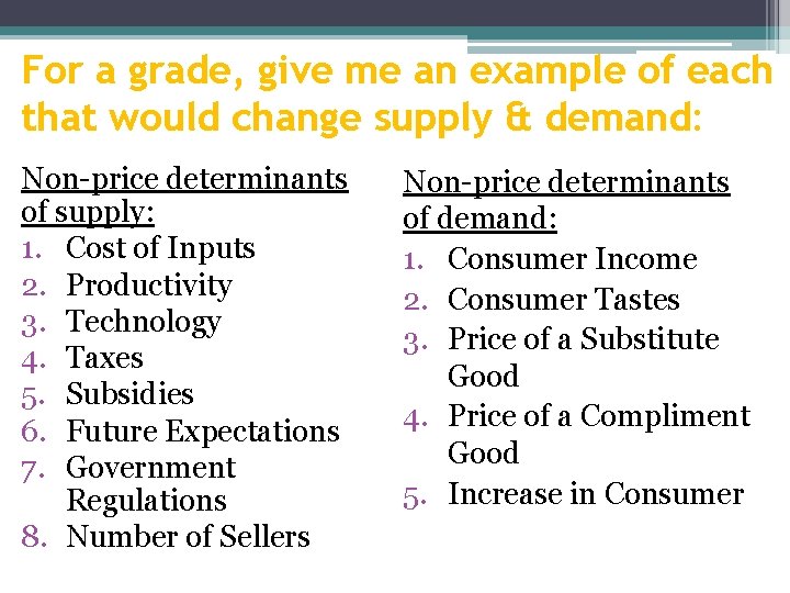 For a grade, give me an example of each that would change supply &