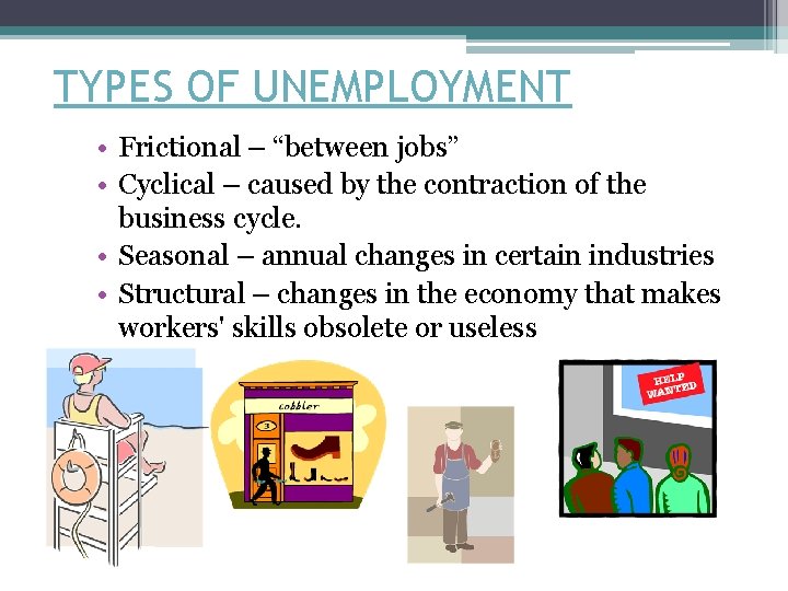 TYPES OF UNEMPLOYMENT • Frictional – “between jobs” • Cyclical – caused by the