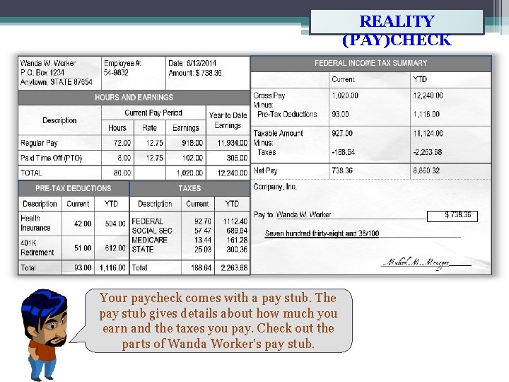 REALITY (PAY)CHECK Your paycheck comes with a pay stub. The pay stub gives details